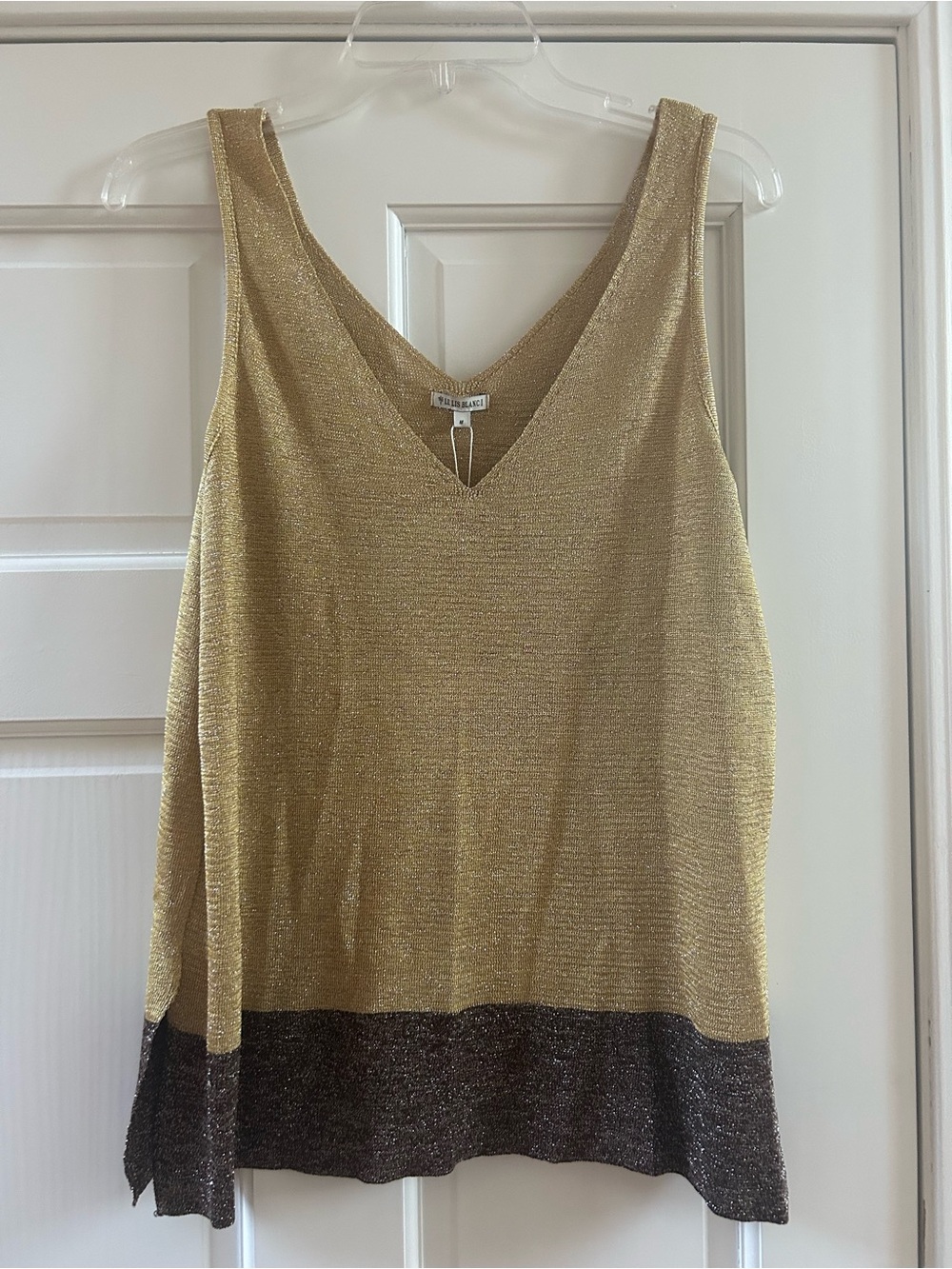 Le Lia Blanc Metallic Gold V-Neck Tank Top with Contrast Hem